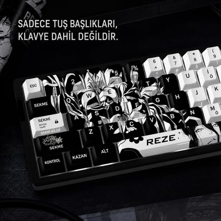 74 Tuş REZE Anime Temalı PBT Tuş Takımı – Siyah Beyaz Desenli Mekanik Klavye Keycaps Seti