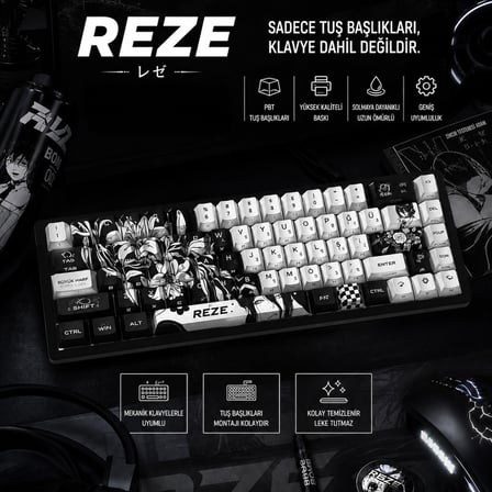 74 Tuş REZE Anime Temalı PBT Tuş Takımı – Siyah Beyaz Desenli Mekanik Klavye Keycaps Seti