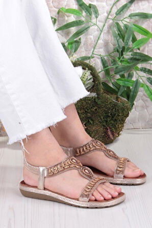 Fort Guja 24Y152-17 Anatomik Rahat Kaymaz Taban Boncuklu Taşlı Kadın Sandalet