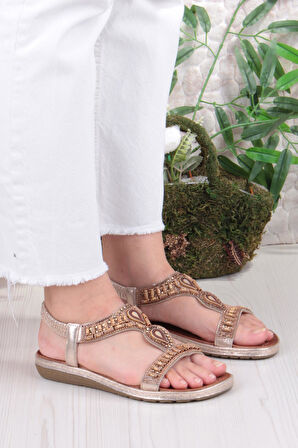 Fort Guja 24Y152-17 Anatomik Rahat Kaymaz Taban Boncuklu Taşlı Kadın Sandalet