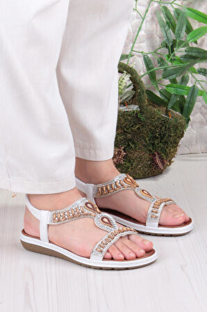 Fort Guja 24Y152-17 Anatomik Rahat Kaymaz Taban Boncuklu Taşlı Kadın Sandalet