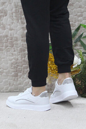 Fort Wks 2765 Beyaz Gümüş Hafif Rahat Sneaker Kadın Spor Ayakkabı