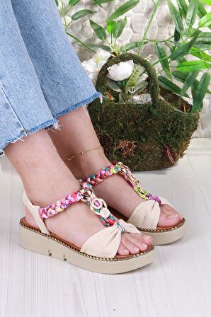 Fort 079-513 Fls Toka Detaylı Lastik Bağlı Renkli Örgü Kalın Taban Kadın Sandalet