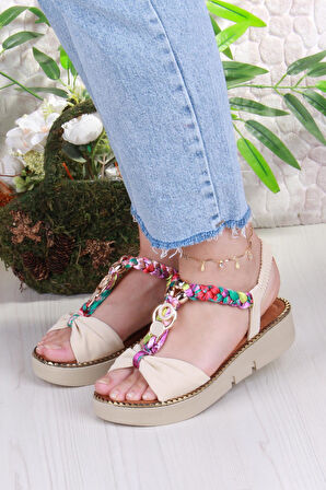 Fort 079-513 Fls Toka Detaylı Lastik Bağlı Renkli Örgü Kalın Taban Kadın Sandalet