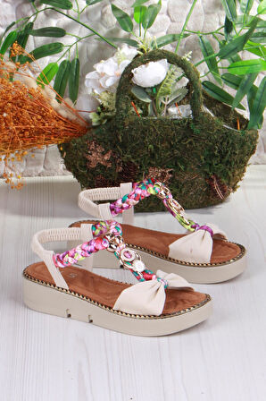 Fort 079-513 Fls Toka Detaylı Lastik Bağlı Renkli Örgü Kalın Taban Kadın Sandalet