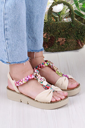 Fort 079-513 Fls Toka Detaylı Lastik Bağlı Renkli Örgü Kalın Taban Kadın Sandalet