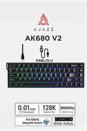 Ak680v2 Manyetik Switch Rapid Trigger 8000Hz Klavye-128K Scan Rate-Bilek Askısı