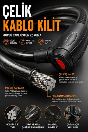 Çelik Kablo Kilit Anahtarlı Bisiklet Kilidi Motosiklet Kilidi Scooter Güvenlik Kilidi Dayanıklı Spiral Kablo Kilit-120 Cm