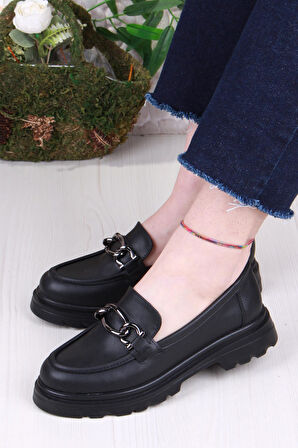 Fort 35828 Siyah Cilt Toka Detaylı Rahat Loafer Kadın Ayakkabı