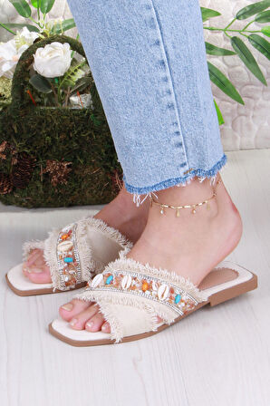 Fort 3571 Keten Bonçuk Taş Detaylı Tatil Terliği Günlük Terlik Kadın Terlik