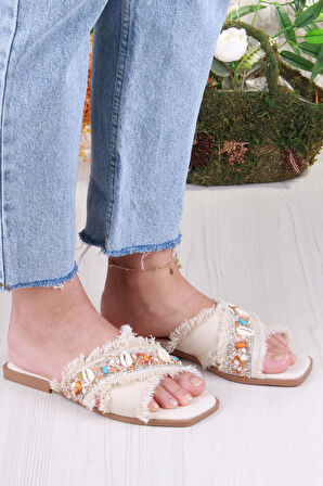 Fort 3571 Keten Bonçuk Taş Detaylı Tatil Terliği Günlük Terlik Kadın Terlik