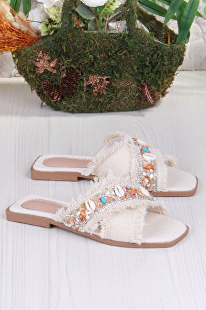 Fort 3571 Keten Bonçuk Taş Detaylı Tatil Terliği Günlük Terlik Kadın Terlik