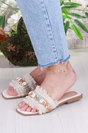 Fort 3572 Keten Bonçuk Taş Detaylı Tatil Terliği Günlük Terlik Kadın Terlik