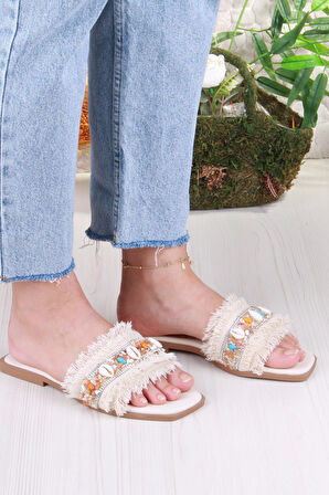 Fort 3572 Keten Bonçuk Taş Detaylı Tatil Terliği Günlük Terlik Kadın Terlik