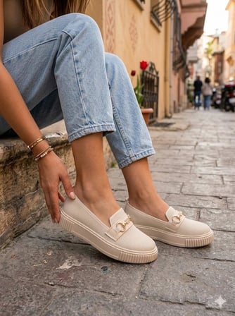 Fort Ventes 346415 Rahat Taş Toka Aksesuarlı Triko Loafer Kadın Ayakkabı