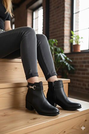 Fort 1092 Rahat Esnek Toka Detaylı Sıcak Astar 4 Cm yüksek Topuk Kadın Bot