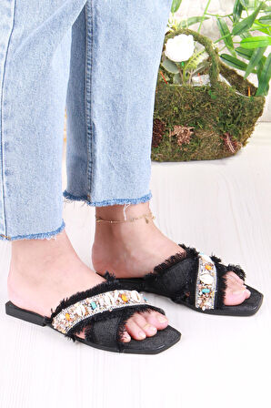 Fort 3571 Keten Bonçuk Taş Detaylı Tatil Terliği Günlük Terlik Kadın Terlik