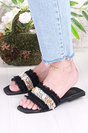 Fort 3572 Keten Bonçuk Taş Detaylı Tatil Terliği Günlük Terlik Kadın Terlik