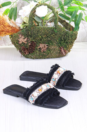 Fort 3572 Keten Bonçuk Taş Detaylı Tatil Terliği Günlük Terlik Kadın Terlik