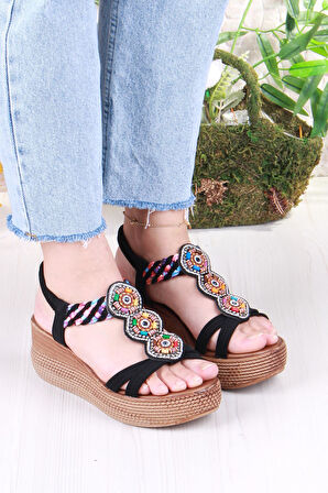 Fort 5015 Fendi Taşlı Boncuklu Dolgu Taban Kadın Sandelet