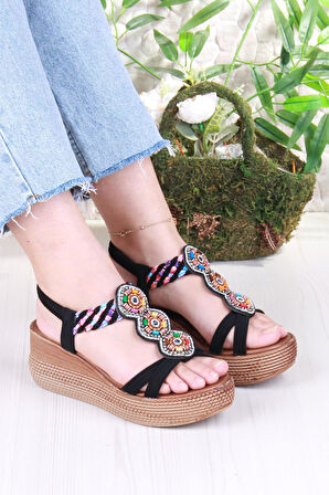 Fort 5015 Fendi Taşlı Boncuklu Dolgu Taban Kadın Sandelet