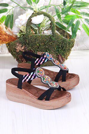 Fort 5015 Fendi Taşlı Boncuklu Dolgu Taban Kadın Sandelet