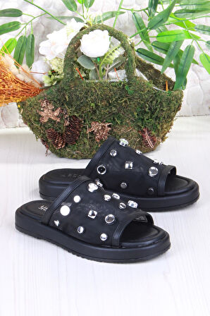 Fort 5054 Keçeli Tül Taş Detaylı Rahat Şık Kadın Terlik