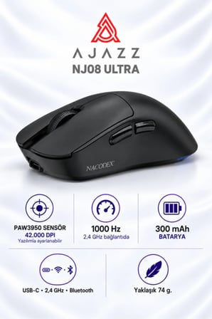 NJ08 Ultra PAW3950 1000 Hz Kablosuz Oyuncu Mouse Siyah