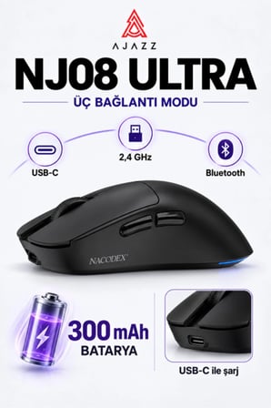 NJ08 Ultra PAW3950 1000 Hz Kablosuz Oyuncu Mouse Siyah