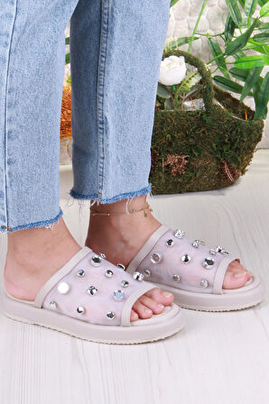 Fort 5054 Keçeli Tül Taş Detaylı Rahat Şık Kadın Terlik