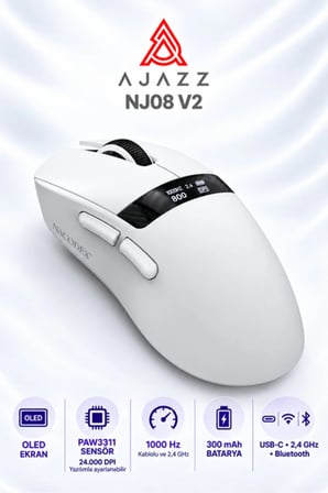 NJ08 V2 PAW3311 1000 Hz OLED Kablosuz Oyuncu Mouse Beyaz