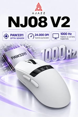 NJ08 V2 PAW3311 1000 Hz OLED Kablosuz Oyuncu Mouse Beyaz