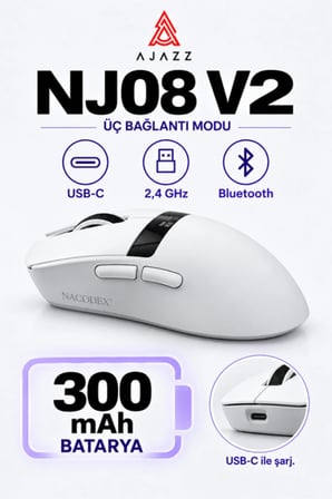 NJ08 V2 PAW3311 1000 Hz OLED Kablosuz Oyuncu Mouse Beyaz