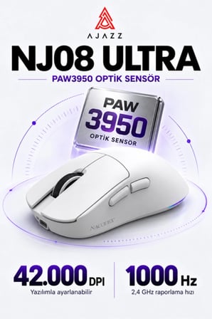 NJ08 Ultra PAW3950 1000 Hz Kablosuz Oyuncu Mouse Beyaz