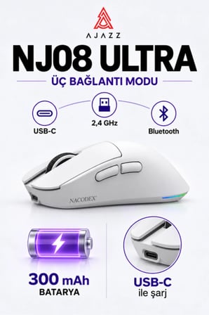 NJ08 Ultra PAW3950 1000 Hz Kablosuz Oyuncu Mouse Beyaz