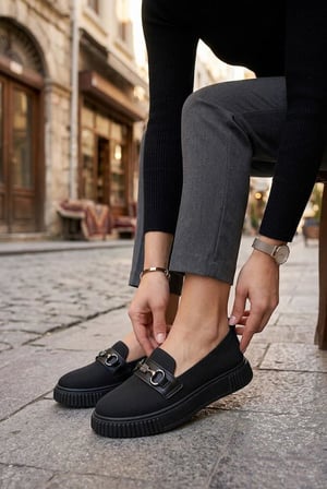 Fort Ventes 346415 Rahat Taş Toka Aksesuarlı Triko Loafer Kadın Ayakkabı