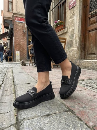 Fort Ventes 346415 Rahat Taş Toka Aksesuarlı Triko Loafer Kadın Ayakkabı