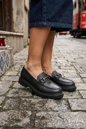 Fort Ventes 35840 Siyah Cilt Toka Detaylı Rahat Loafer Kadın Ayakkabı