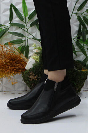 Mehmet Mete Gnd 4273 Siyah Anatomik Rahat Yumuşak Esnek İki Fermuarlı Kadın Bot