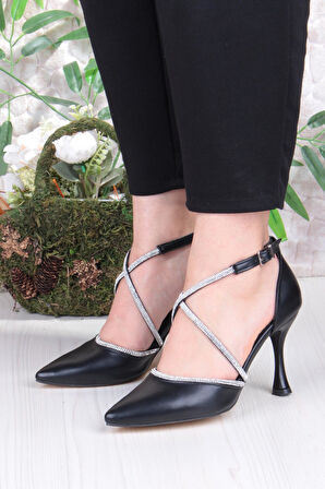 Fort 35693 Cilt Çapraz Bantlı Biye Taşlı Topuklu Abiye Ayakkabı Kadın Ayakkabı