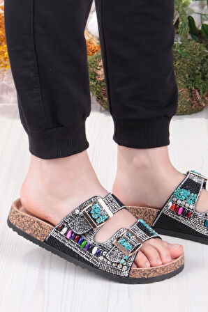 Fort GJ Alyona Anatomik Bonçuk Taş Detaylı İki Tokalı Kadın Terlik