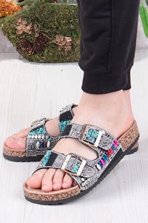 Fort GJ Alyona Anatomik Bonçuk Taş Detaylı İki Tokalı Kadın Terlik