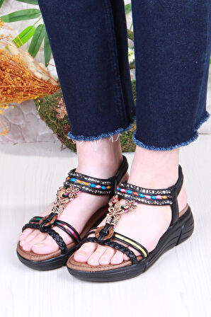 Guja Rüya Anatomik Rahat Taban Taşlı Boncuklu Lastikli Kadın Sandalet