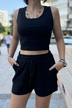 Kadın Beli Lastikli şort crop alt üst ikili Takım