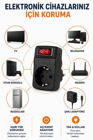 Akım Koruma Prizi Tekli Anahtarlı 16A 250V Aşırı Yük Korumalı Topraklı Tekli Priz Adaptörü