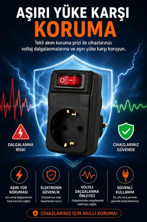 Akım Koruma Prizi Tekli Anahtarlı 16A 250V Aşırı Yük Korumalı Topraklı Tekli Priz Adaptörü