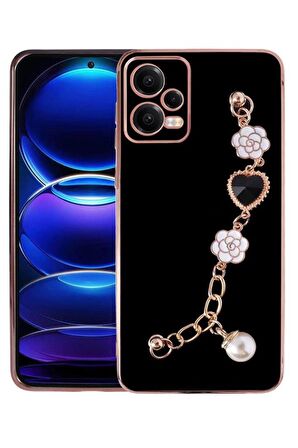 Xiaomi Redmi Note 12 4G Kılıf Kalpli Çiçekli Bileklik Zincirli Kamera Korumalı Kenarları Gold Renk, Silikon