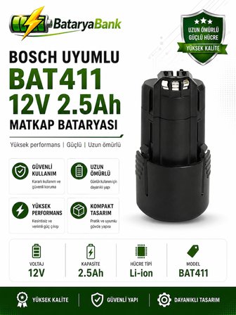 Bosch BAT411 Uyumlu Matkap Bataryası 12V 2.5Ah Li-ion - BataryaBank