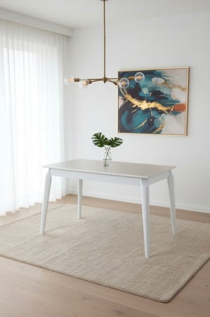 DFY102 MDF Yemek Masası Modern Mutfak Masası 4-6 Kişilik Dekoratif Salon, Yemek Odası, Mutfak Masası Traverten - Beyaz