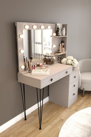 DF02121 LED Işıklı Aynalı Makyaj Masası Raflı Çekmeceli Beyaz Hollywood Model Makyaj Organizer